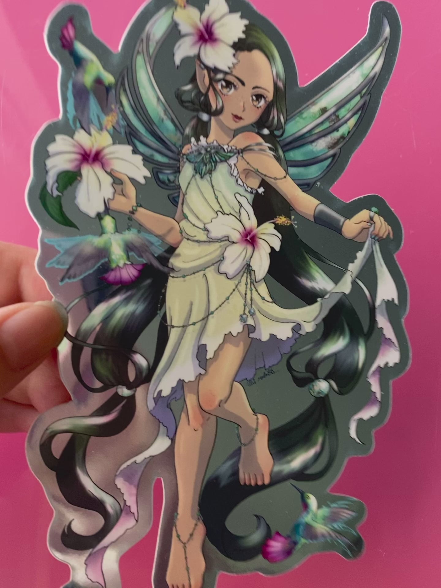 large 6 x 4 Holographic vinyl sticker - Turquoise fairy Hummingbird December gemstone birthstone farie fantasy manga anime art