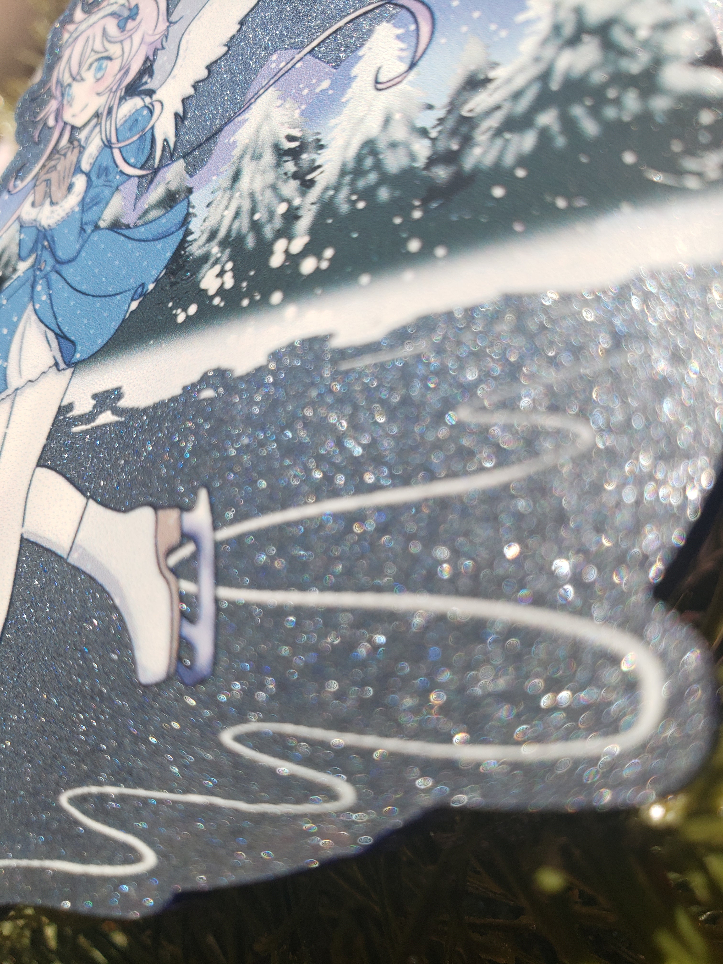 Iceskating snow angel ornament- blue glitter arcylic holiday decoration featuring character from Magical Princess Sky original manga