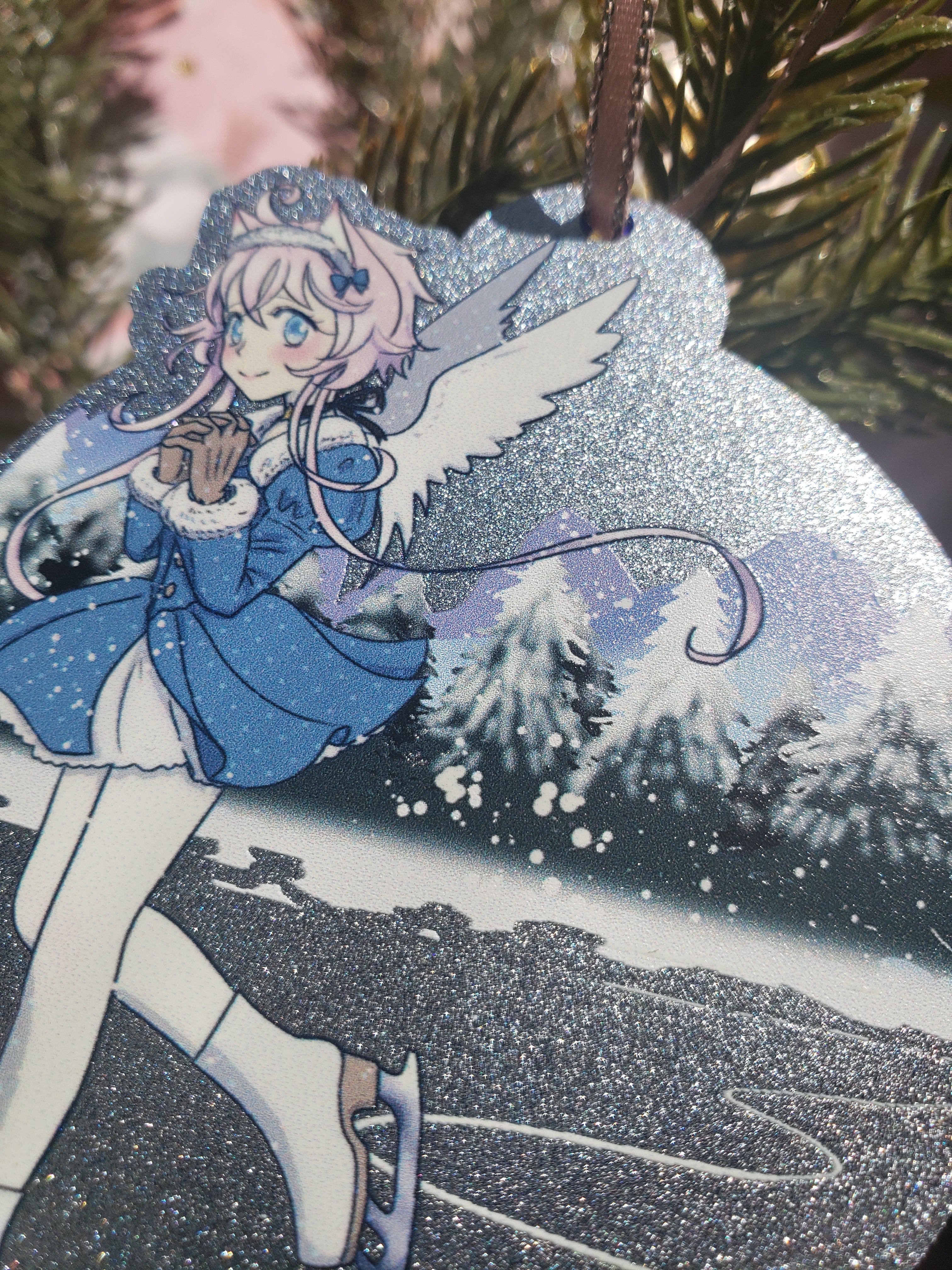 Iceskating snow angel ornament- blue glitter arcylic holiday decoration featuring character from Magical Princess Sky original manga