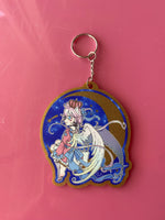 Load image into Gallery viewer, Magical girl angel sitting on the moon gold glitter acrylic charm keychain featuring original character from Magical Princess Sky manga
