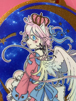 Load image into Gallery viewer, Magical girl angel sitting on the moon gold glitter acrylic charm keychain featuring original character from Magical Princess Sky manga
