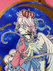 Magical girl angel sitting on the moon gold glitter acrylic charm keychain featuring original character from Magical Princess Sky manga