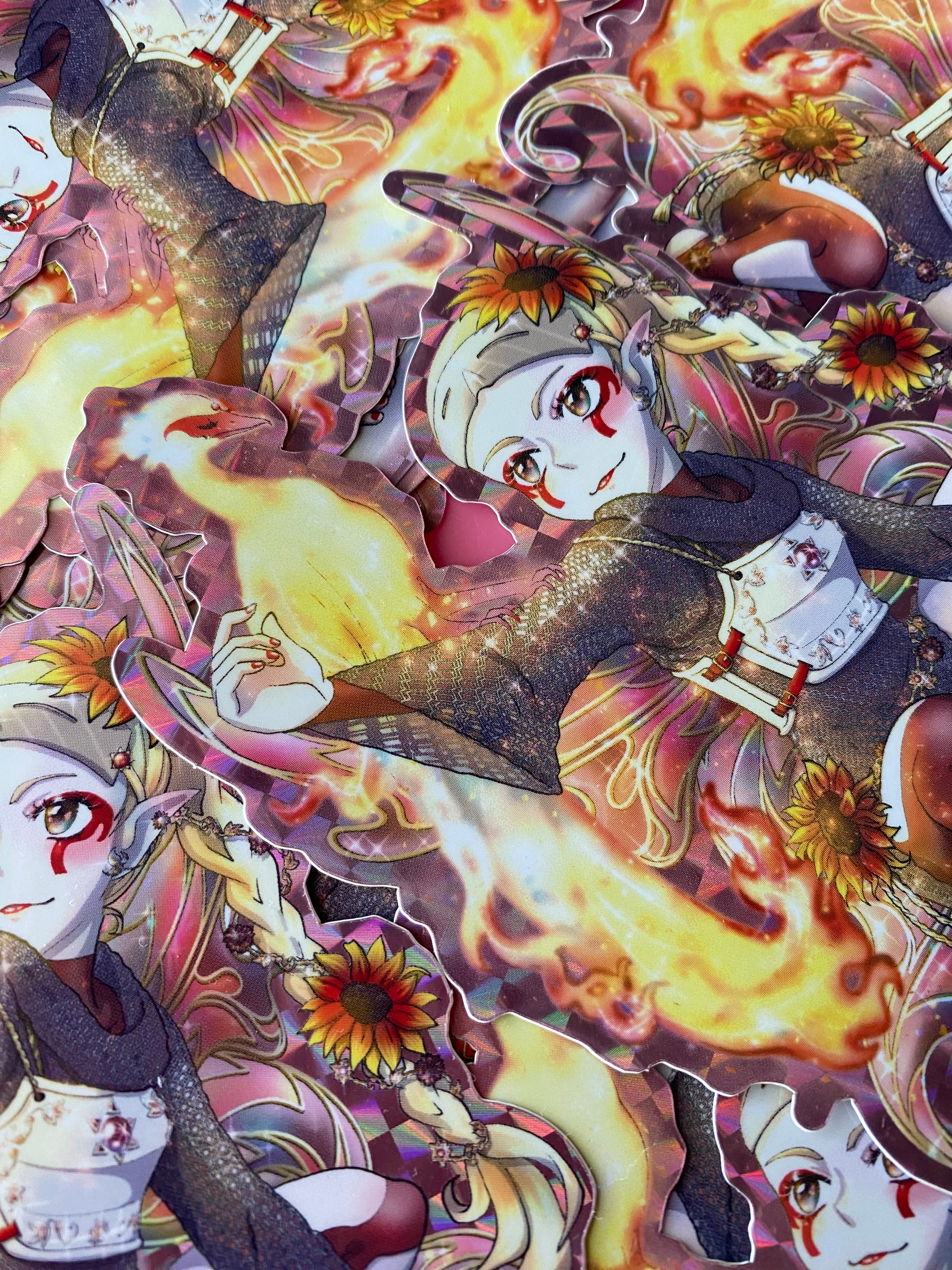 large 5 x 4 Holographic vinyl sticker - Garnet January phoenix sunflower armor gemstone birthstone farie fantasy manga anime art