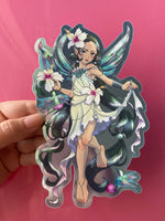 Load image into Gallery viewer, large 6 x 4 Holographic vinyl sticker - Turquoise fairy Hummingbird December gemstone birthstone farie fantasy manga anime art
