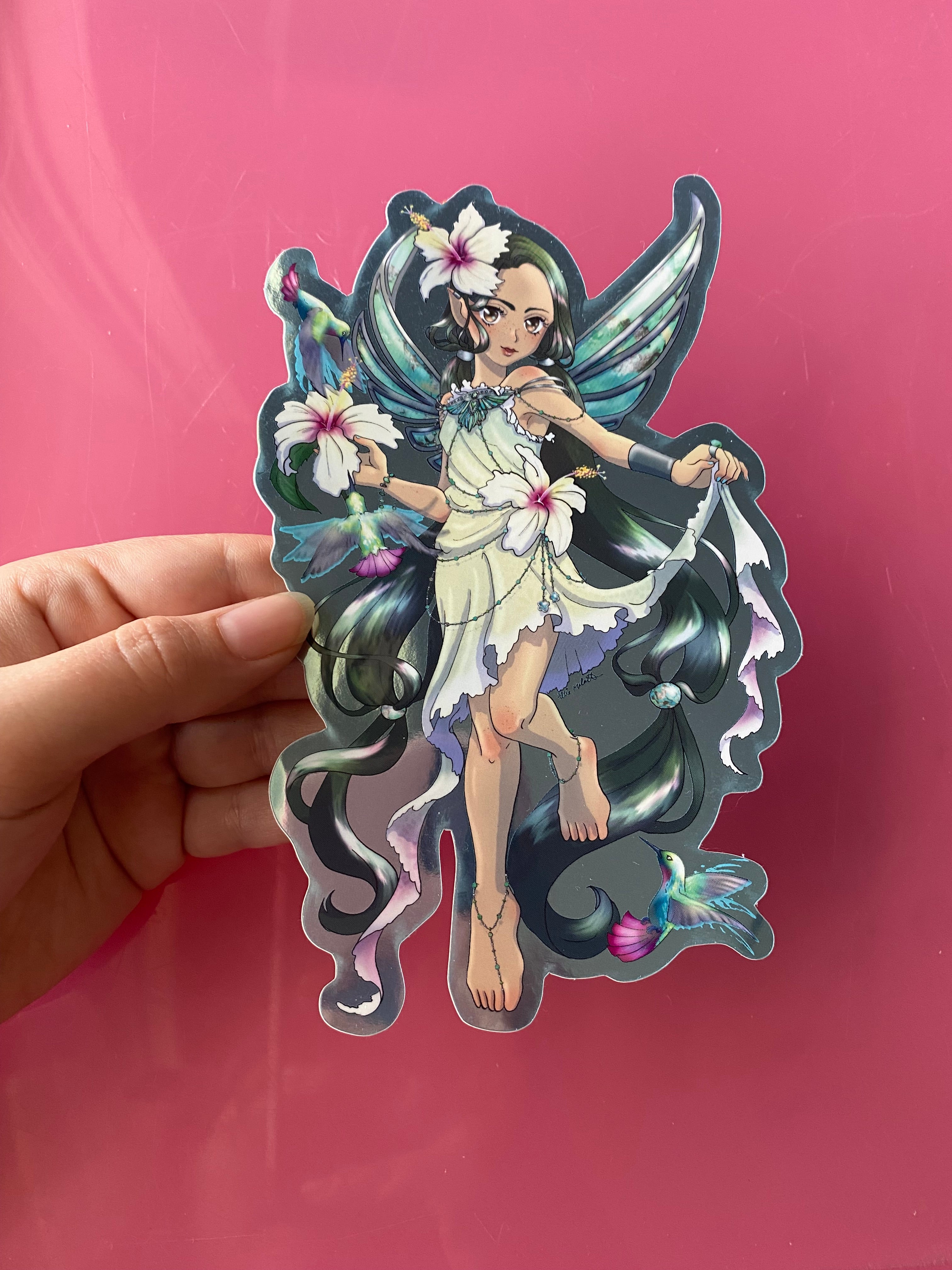 large 6 x 4 Holographic vinyl sticker - Turquoise fairy Hummingbird December gemstone birthstone farie fantasy manga anime art