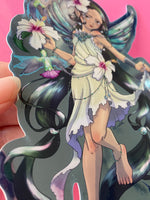 Load image into Gallery viewer, large 6 x 4 Holographic vinyl sticker - Turquoise fairy Hummingbird December gemstone birthstone farie fantasy manga anime art
