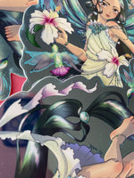 Load image into Gallery viewer, large 6 x 4 Holographic vinyl sticker - Turquoise fairy Hummingbird December gemstone birthstone farie fantasy manga anime art
