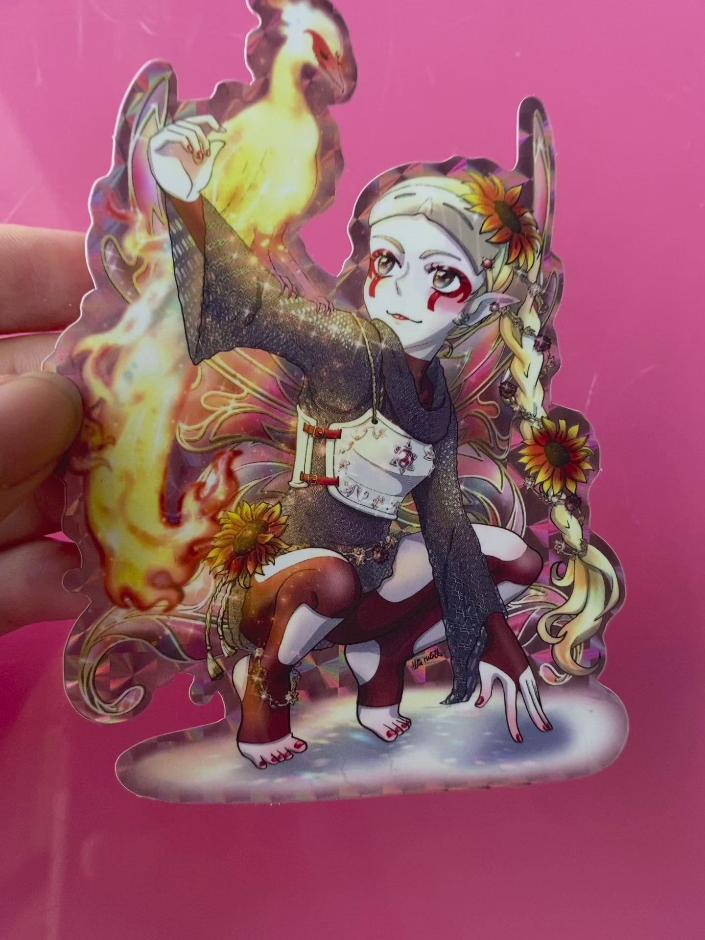 large 5 x 4 Holographic vinyl sticker - Garnet January phoenix sunflower armor gemstone birthstone farie fantasy manga anime art