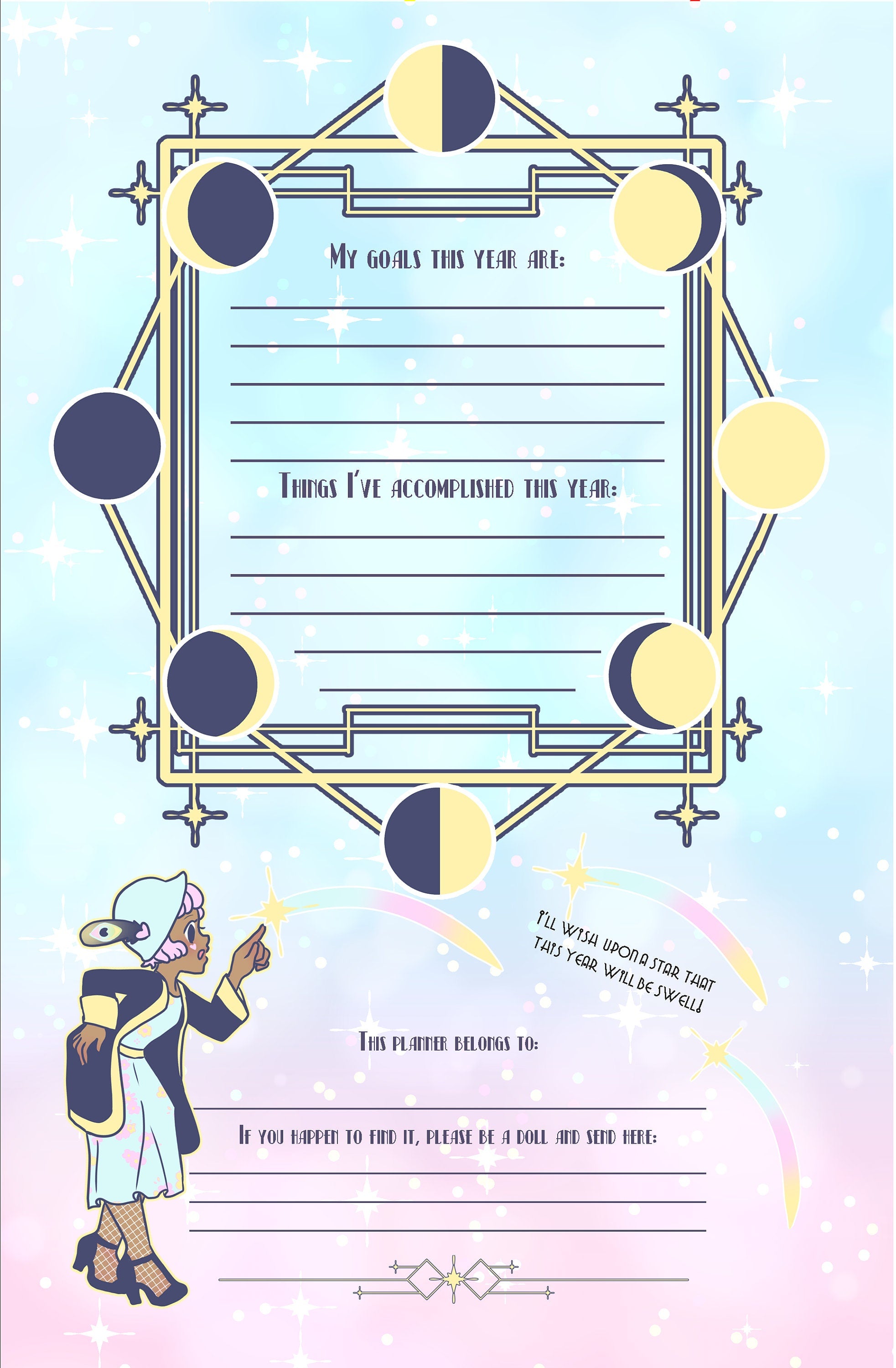 Kawaii 1920's Monthly Planner / calendar- kawaii, pastel, manga, 1920s, Art deco, flapper girls theme.