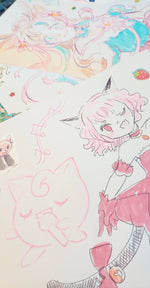 Load image into Gallery viewer, Commissioned 16 page zine filled with hand-drawn doodles featuring your favorite things in sketched manga style
